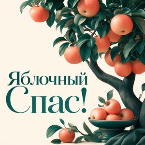Открытка с Яблочным Спасом с графичной яблоней