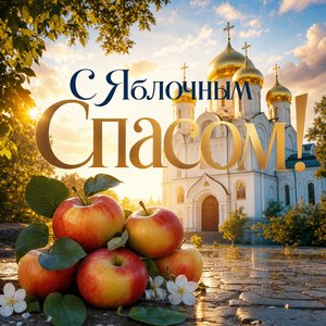 Открытка с Яблочным Спасом с храмом и яблоками