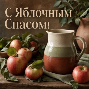 Открытка с Яблочным Спасом с керамическим кувшином и яблоками