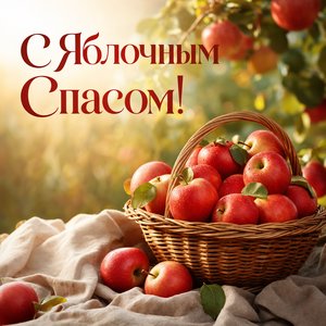 Открытка с Яблочным Спасом с корзиной красных яблок