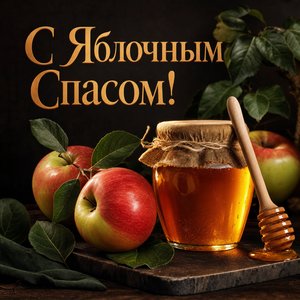 Открытка с Яблочным Спасом с мёдом и яблоками
