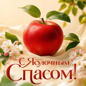 Открытка с Яблочным Спасом с объёмным красным яблоком