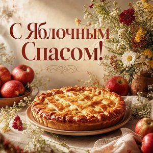 Открытка с Яблочным Спасом с яблочным пирогом