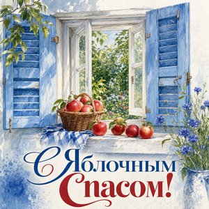 Открытка с Яблочным Спасом с яблоками на подоконнике