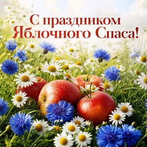 Открытка с Яблочным Спасом с яблоками среди полевых цветов