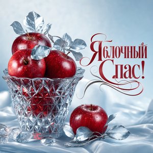 Открытка с Яблочным Спасом с яблоками в хрустальной вазе