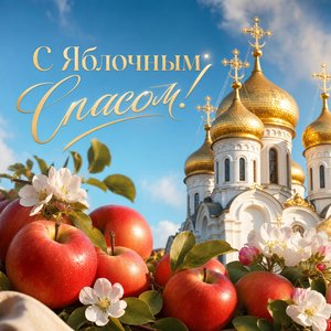 Открытка с Яблочным Спасом с золотыми куполами и яблоками