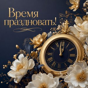 Открытка с юбилеем с часами и цветами
