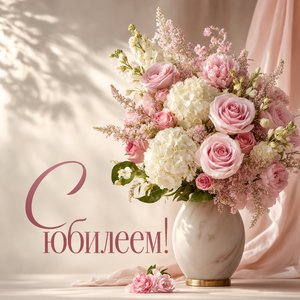 Открытка с юбилеем с цветами в вазе