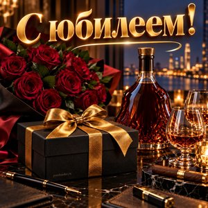 Открытка «С юбилеем!» с коньяком и подарком