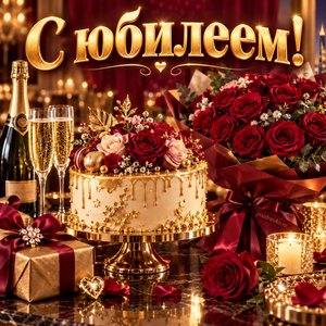 Открытка «С юбилеем!» с золотым тортом