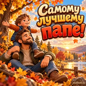 Открытка «Самому лучшему папе!» с папой и ребёнком в осеннем парке на фоне мягких осенних облаков