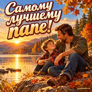 Открытка «Самому лучшему папе!» с папой и сыном у озера при золотом солнечном свете