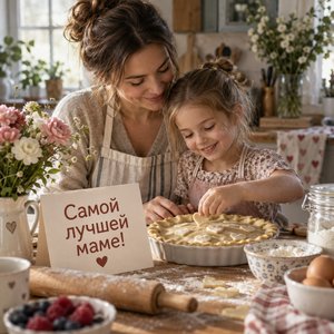 Открытка «Самой лучшей маме!» с пирогом на кухне