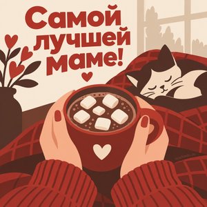 Открытка «Самой лучшей маме!» с руками мамы и какао