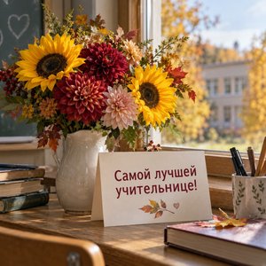 Открытка «Самой лучшей учительнице!» с георгинами на подоконнике