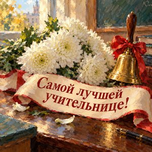 Открытка «Самой лучшей учительнице!» с хризантемами и колокольчиком