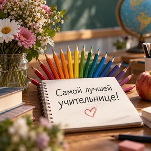 Открытка «Самой лучшей учительнице!» с радугой из карандашей