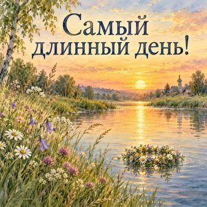 Открытка «Самый длинный день!» с венком на реке