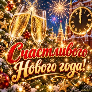 Открытка «Счастливого Нового года!» с бокалами и курантами