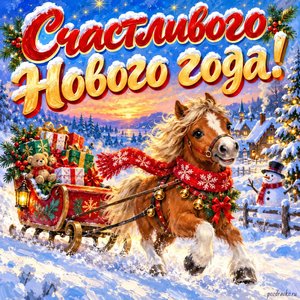 Открытка «Счастливого Нового года!» с лошадкой и санями