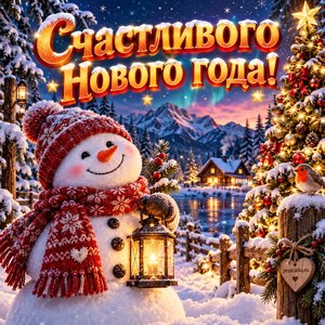 Открытка «Счастливого Нового года!» со снеговиком в лесу