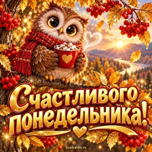 Открытка «Счастливого понедельника!» с совой и какао