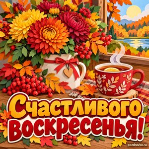 Открытка «Счастливого воскресенья!» с хризантемами и рябиной