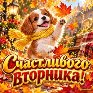 Открытка «Счастливого вторника!» со щенком в жёлтом шарфе