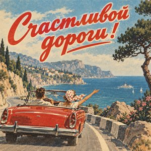 Открытка «Счастливой дороги!» с кабриолетом у моря