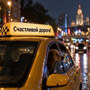 Открытка «Счастливой дороги!» с такси ночью