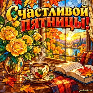 Открытка «Счастливой пятницы!» с кофе и жёлтыми розами