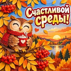 Открытка «Счастливой среды!» с совой и какао