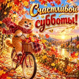 Открытка «Счастливой субботы!» с котом на велосипеде