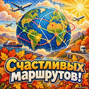 Открытка «Счастливых маршрутов!» с глобусом и разноцветными маршрутами на фоне мягких осенних облаков