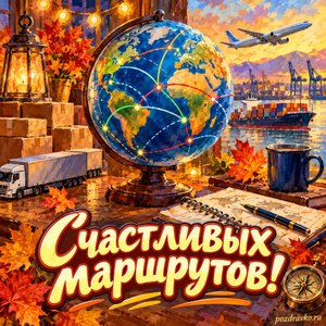 Открытка «Счастливых маршрутов!» с глобусом и разноцветными маршрутами в сиянии уютных фонариков