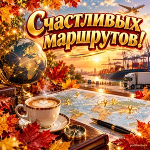 Открытка «Счастливых маршрутов!» с кофе и настольной картой в рамке из кленовых листьев