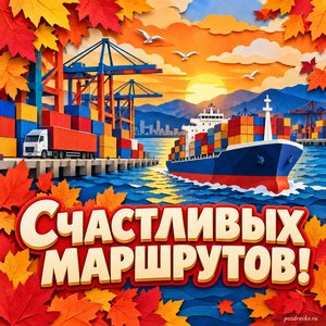 Открытка «Счастливых маршрутов!» с контейнерами и кораблём в рамке из кленовых листьев