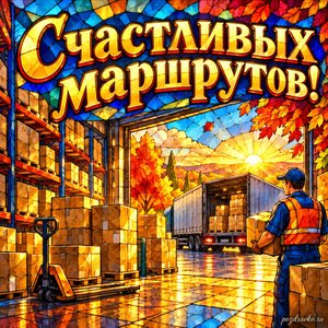 Открытка «Счастливых маршрутов!» со складом и аккуратными коробками при золотом солнечном свете