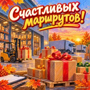 Открытка «Счастливых маршрутов!» со складом и аккуратными коробками с нарядными праздничными лентами