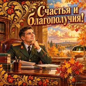 Открытка «Счастья и благополучия!» с офицером за рабочим столом на фоне мягких осенних облаков