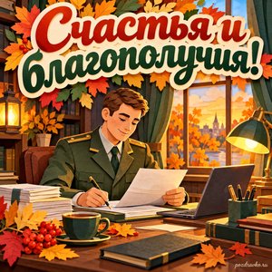 Открытка «Счастья и благополучия!» с офицером за рабочим столом в сиянии уютных фонариков