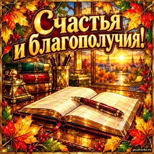 Открытка «Счастья и благополучия!» с ручкой и открытым блокнотом в рамке из кленовых листьев
