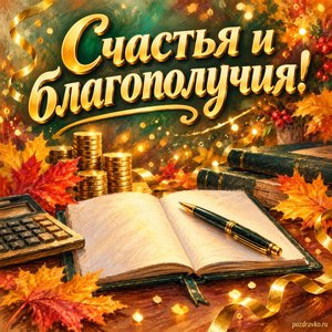 Открытка «Счастья и благополучия!» с ручкой и открытым блокнотом с золотыми искрами и конфетти