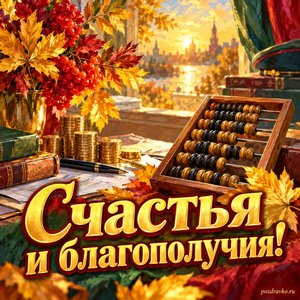 Открытка «Счастья и благополучия!» с счётами и золотыми листьями при золотом солнечном свете