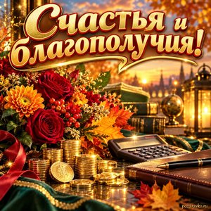 Открытка «Счастья и благополучия!» с символическими монетами и цветами в сиянии уютных фонариков