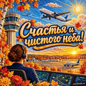 Открытка «Счастья и чистого неба!» с аэродромом и осенними деревьями при золотом солнечном свете