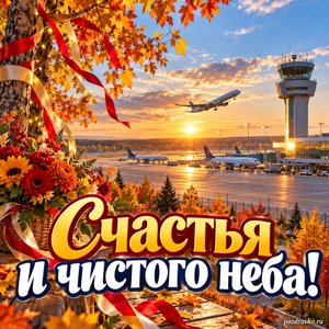 Открытка «Счастья и чистого неба!» с аэродромом и осенними деревьями с нарядными праздничными лентами