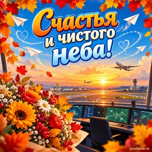 Открытка «Счастья и чистого неба!» с бумажными самолётиками и цветами в рамке из кленовых листьев