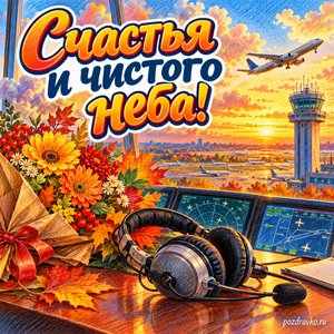 Открытка «Счастья и чистого неба!» с гарнитурой и букетом на фоне мягких осенних облаков